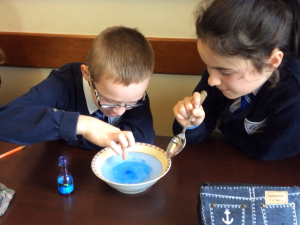 Making a hurricane (and its eye) with warm water and food colouring 