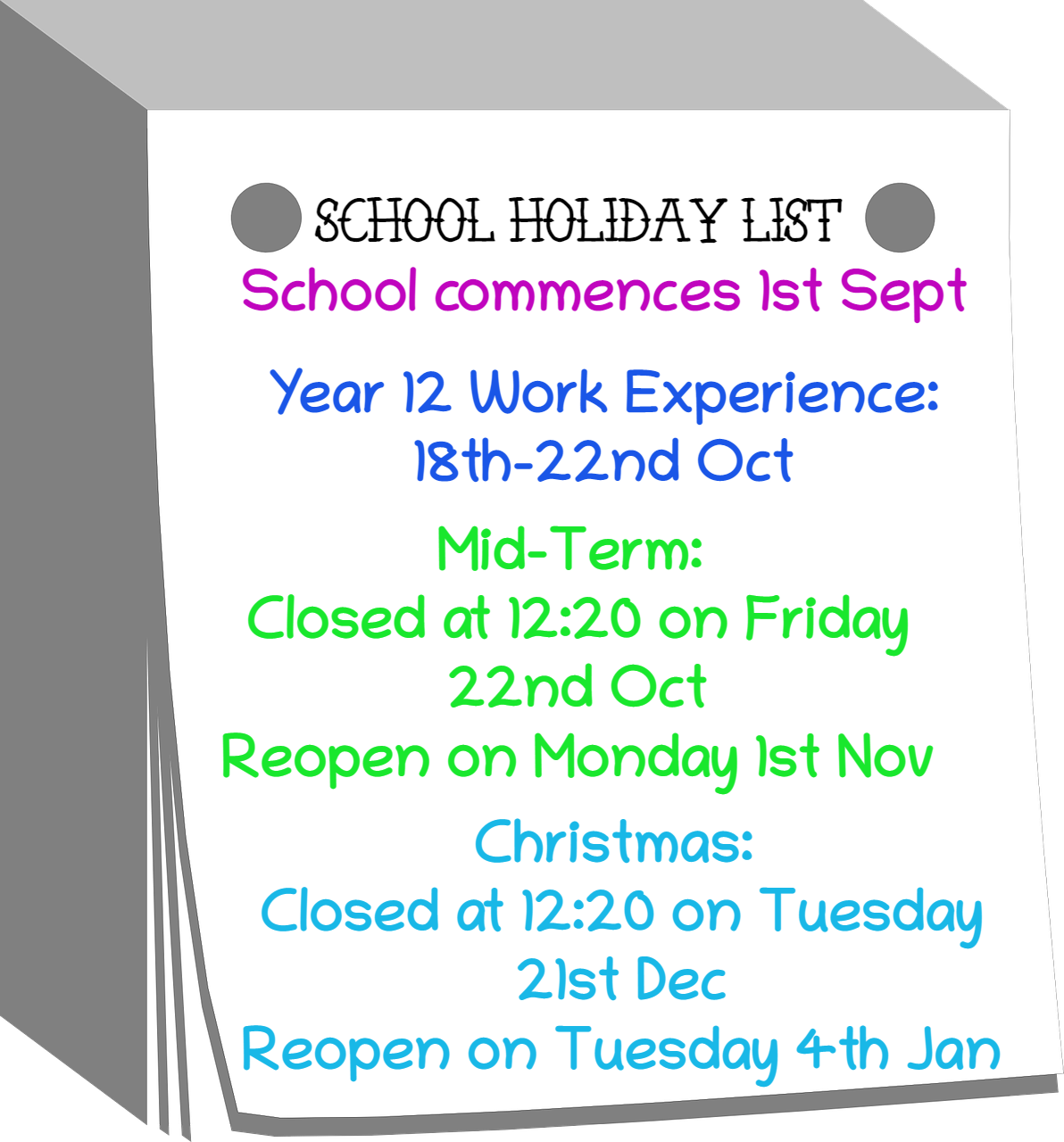 School Holiday List Term 1